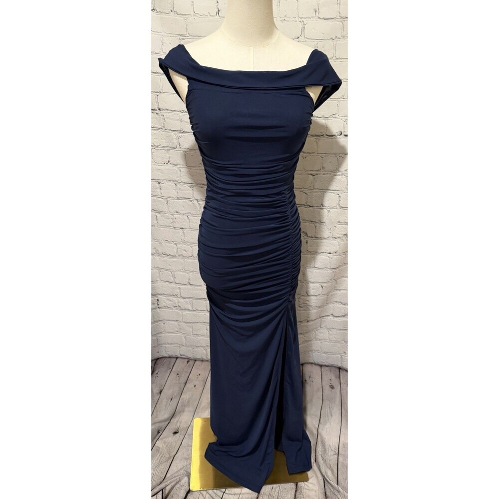 Lulus dark navy blue off-the-shoulder formal evening Prom gown Small